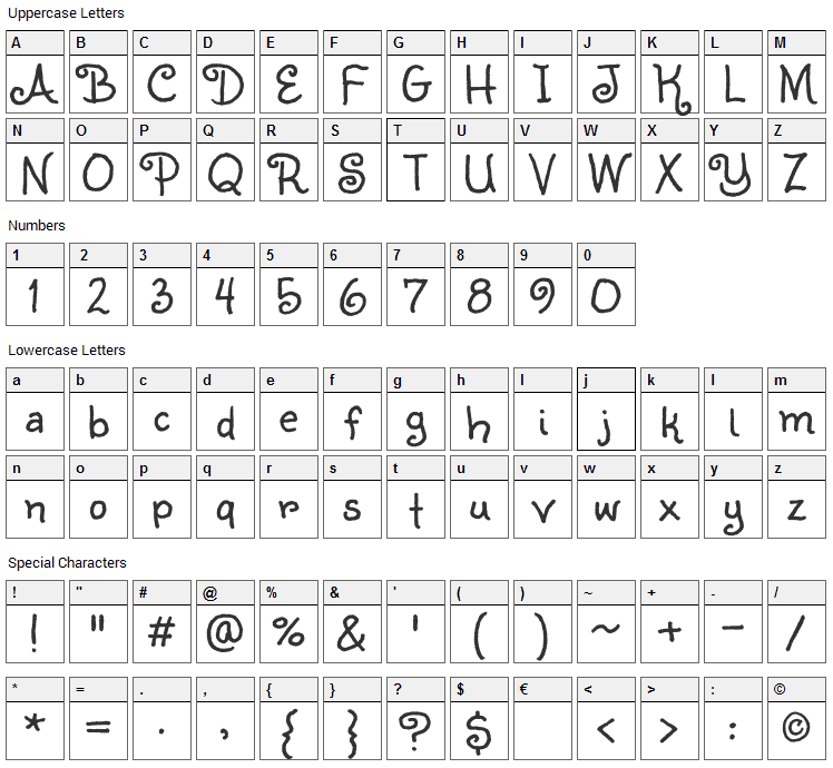 Sunshiney Font Character Map