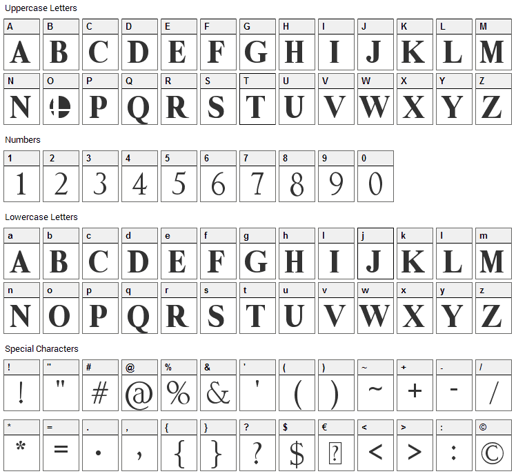 Super Smash Font Character Map