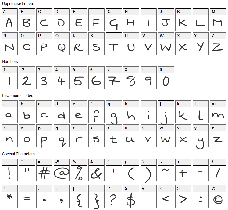 Swanky and Moo Moo Font Character Map