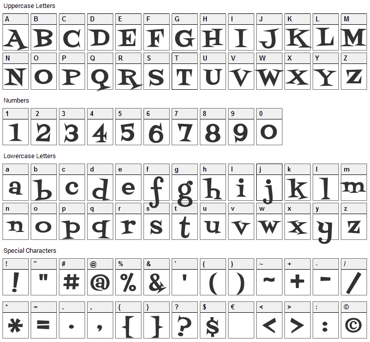 Swanky Font Character Map