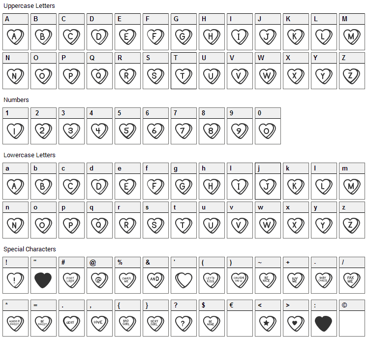 Sweat Hearts Font Character Map