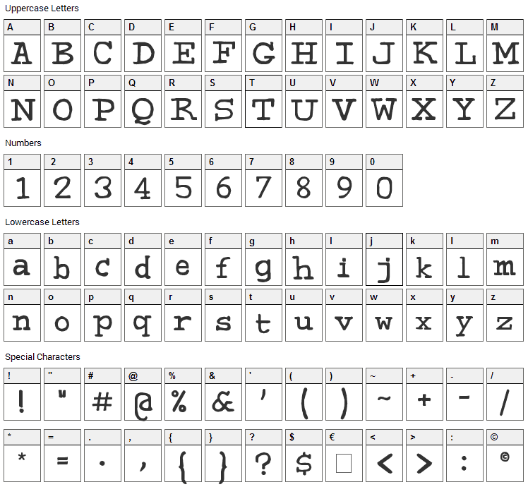 Sweeep Font Character Map