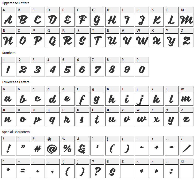 Sweet Sorrow Font Character Map