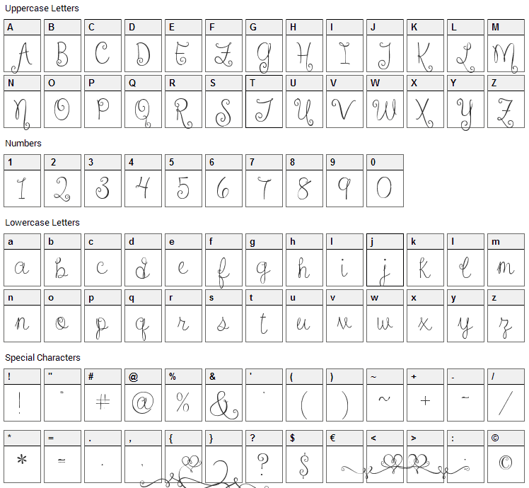 Sweethearts Love Letters Font Character Map