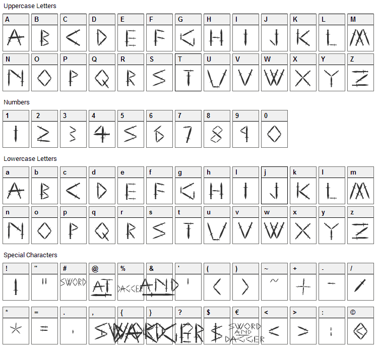 Sword and Dagger Font Character Map