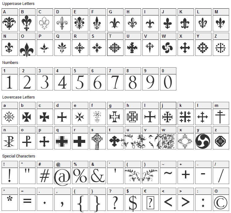 Symbol Crucifix Font Character Map