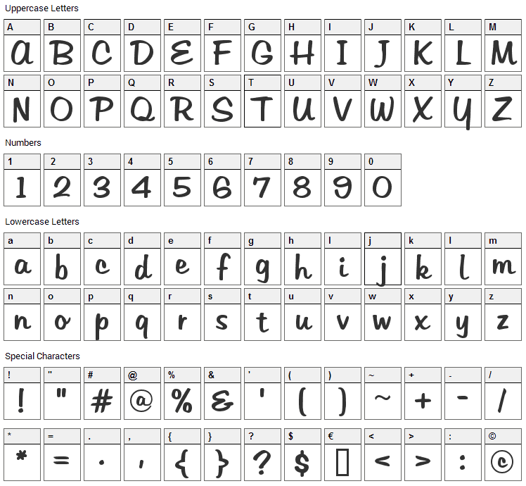 Tabitha Font Character Map