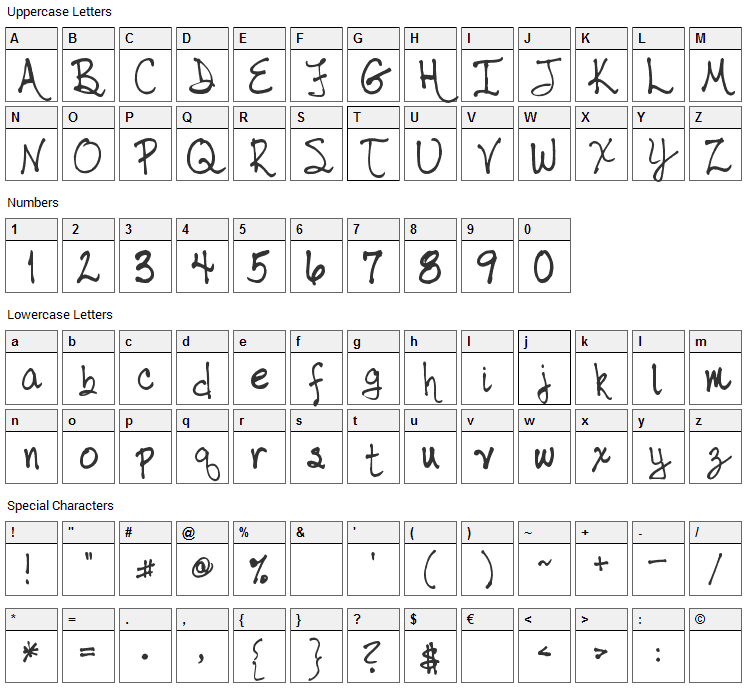 Tabor Handwriting Font Character Map