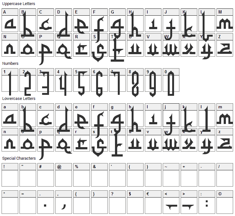 Tafakur Font Character Map