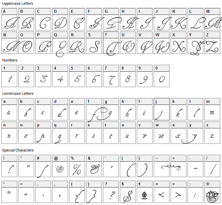 Tagettes Font Character Map