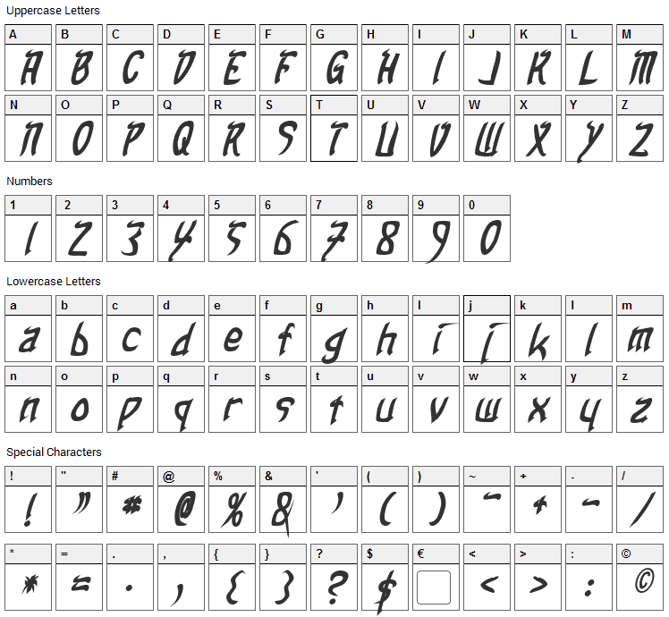 Taibaijan Font Character Map