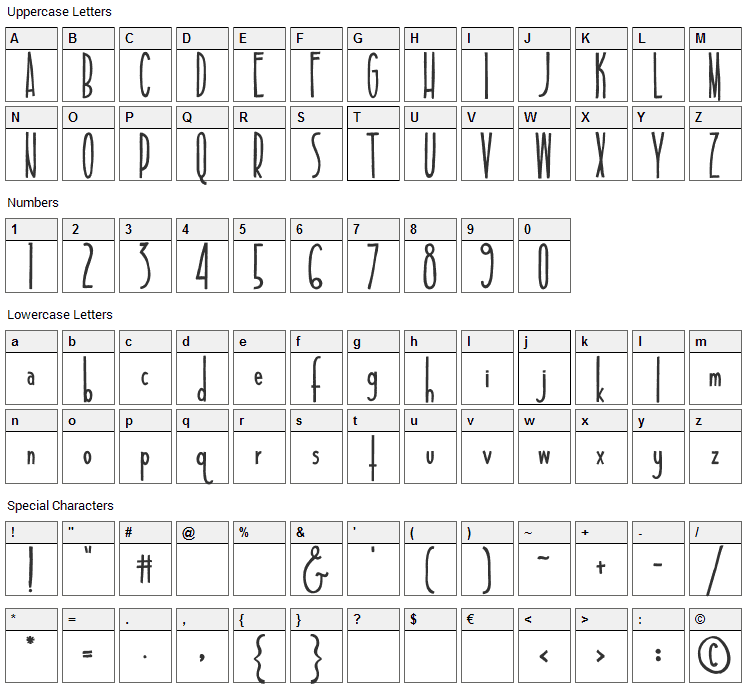 Tall & Slim Font Character Map