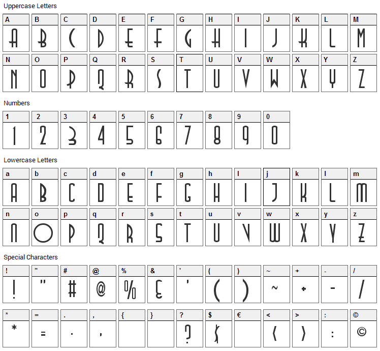 TallDeco Font Character Map