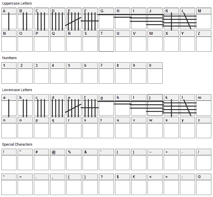 Tally Mark Font Character Map