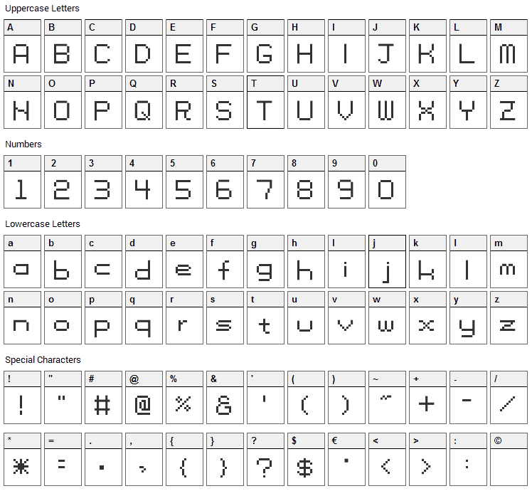 Tama SS01 Font Character Map