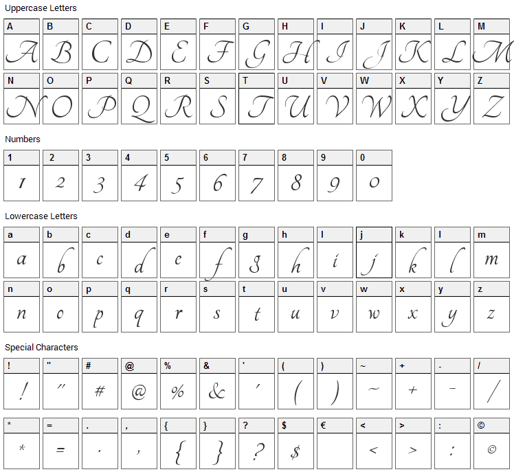 Tangerine Font Character Map