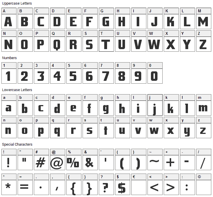 Tank Junior Font Character Map