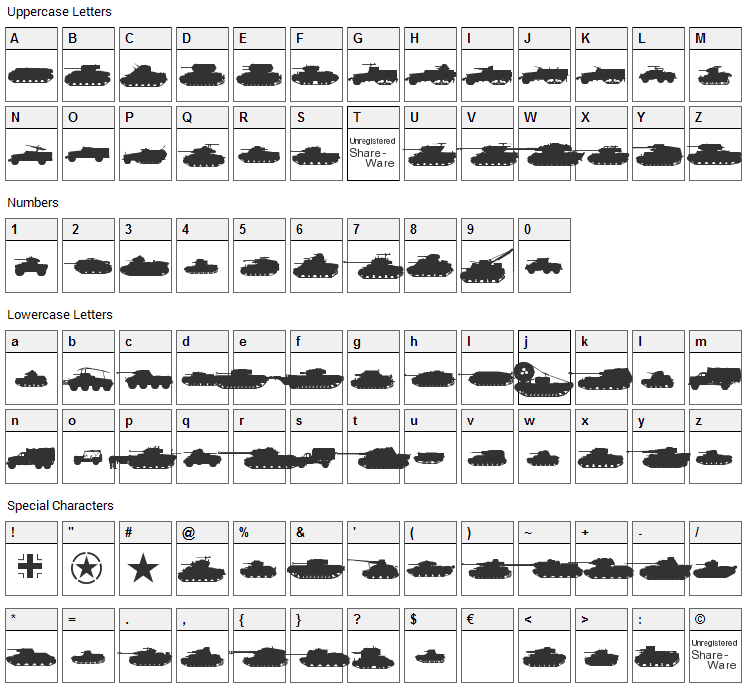 Tanks WW2 Font Character Map