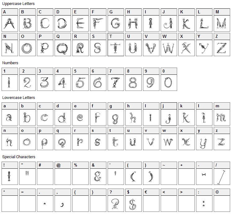 Tarantella MF Font Character Map