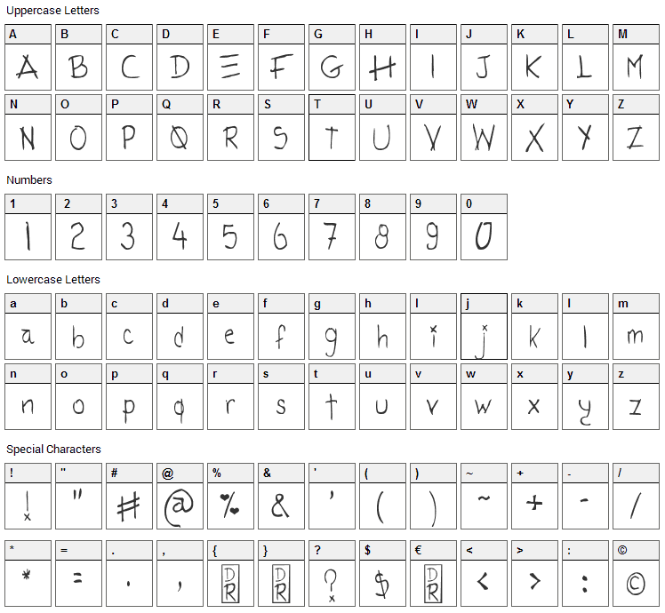 Tatida Rocking Font Character Map