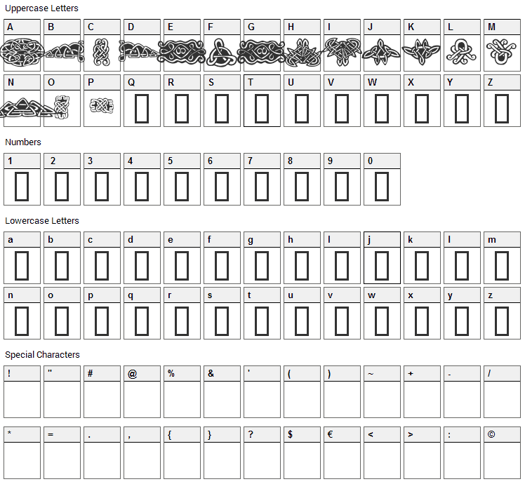 Tattoo No1 + No2 Font Character Map