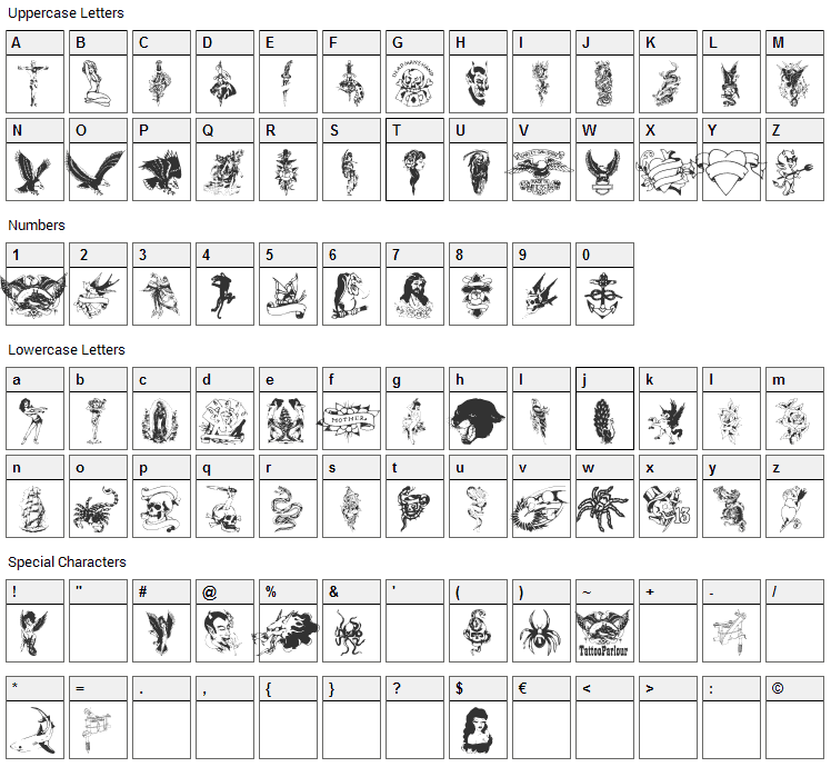 Tattoo Parlour Font Character Map