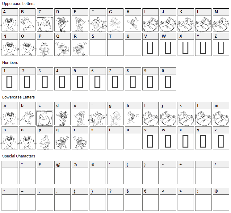 Taz the Devil Font Character Map