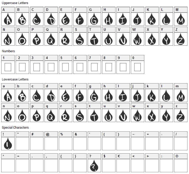 Teardrop Font Character Map