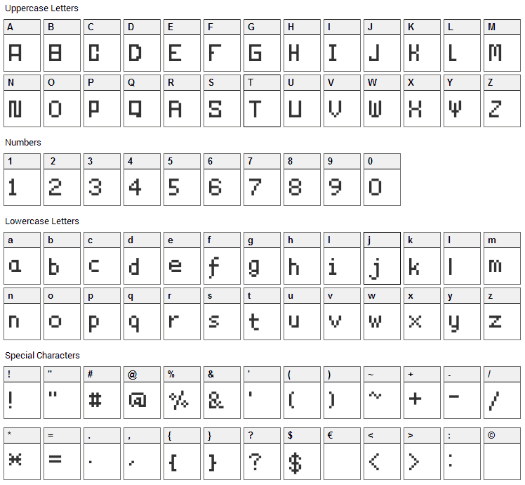 Technicality Font Character Map