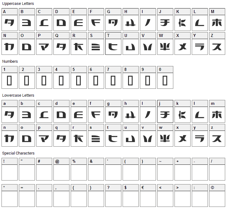 Tecnojap Font Character Map