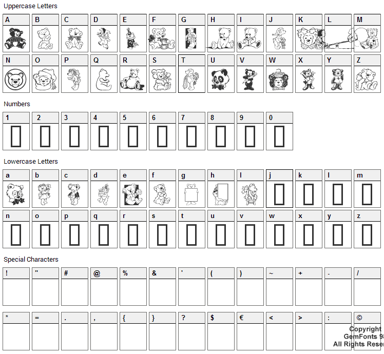 Teddyber Font Character Map