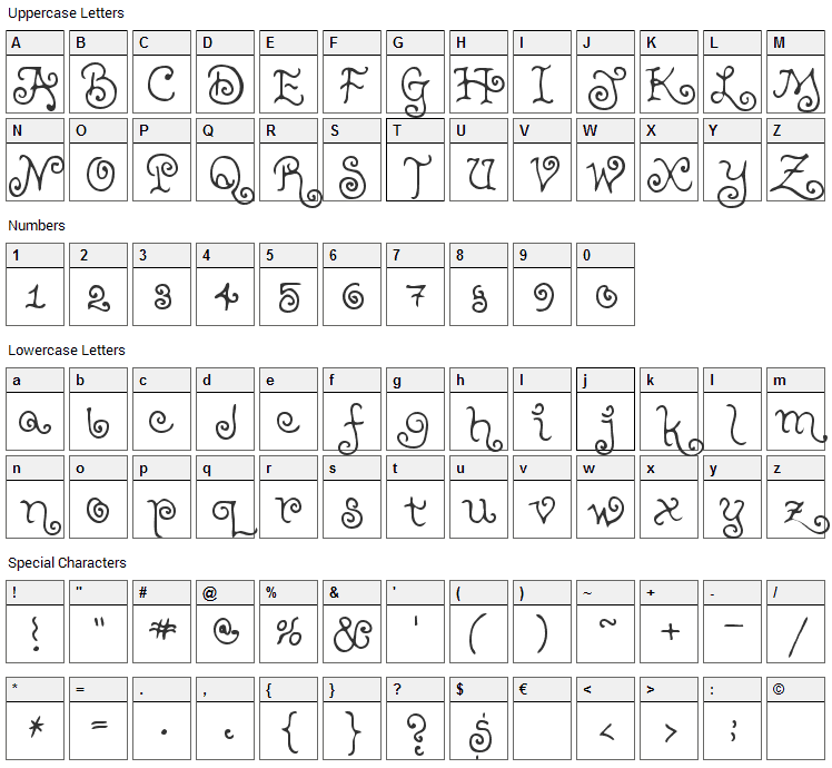 Teenage Girl Font Character Map