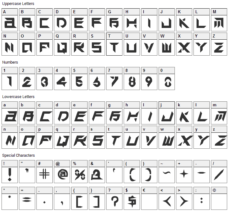 Tek Hed Font Character Map