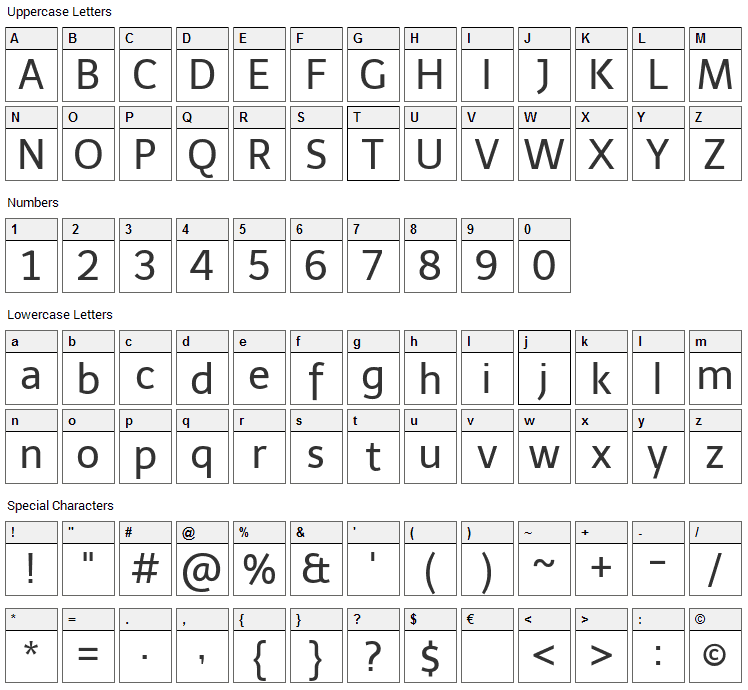 Telex Font Character Map