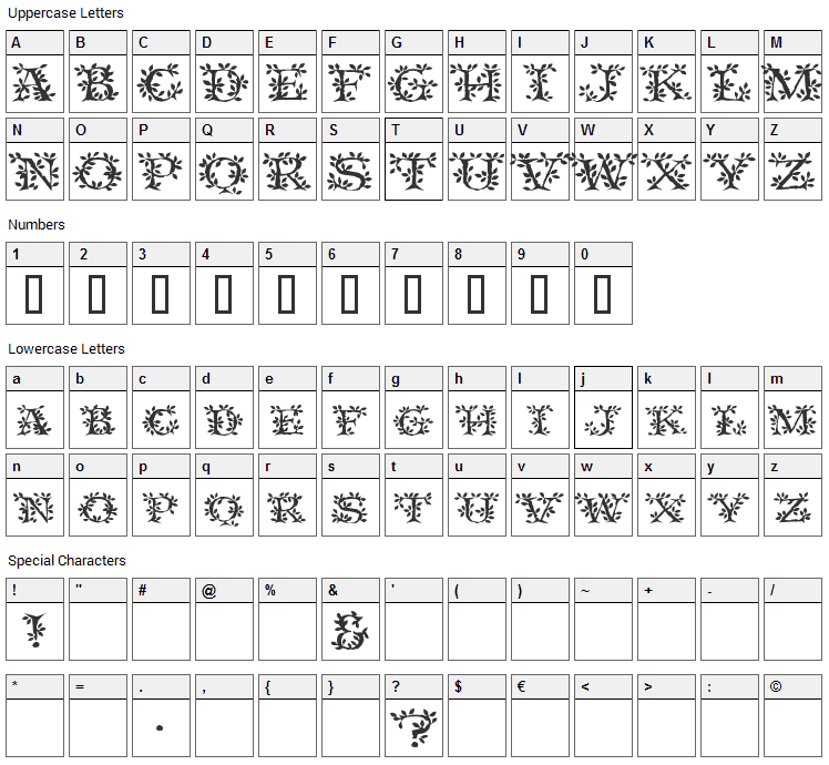Tenderleaf Font Character Map