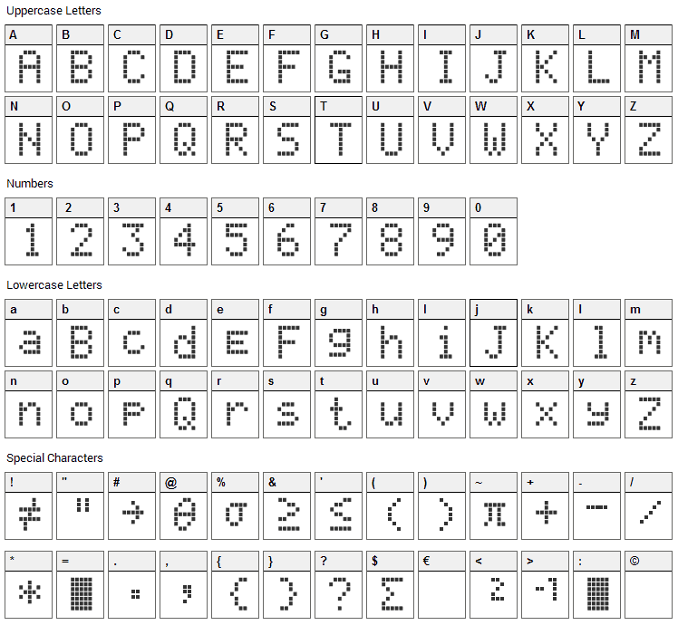 Texas LED Font Character Map