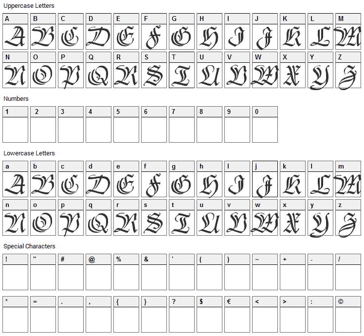 Thannhaeuser Zier Font Character Map