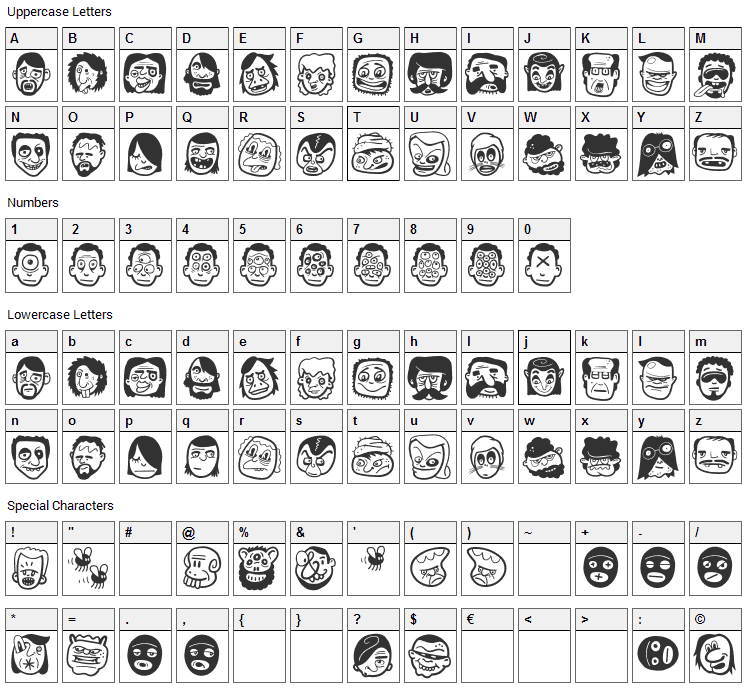 The Freaky Face Font Character Map