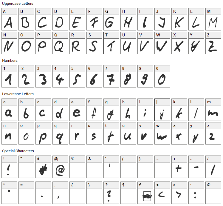 Thommy Handwrite Font Character Map