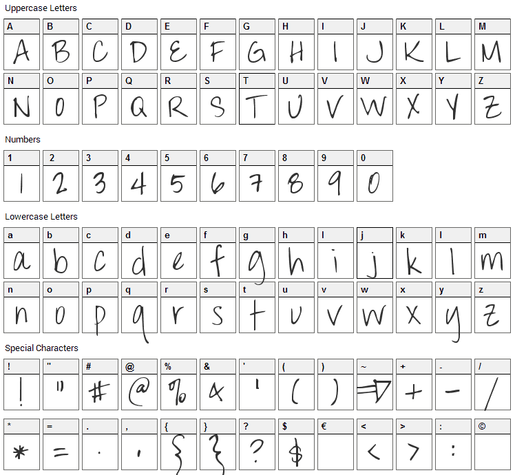 Throw My Hands Up in the Air Font Character Map