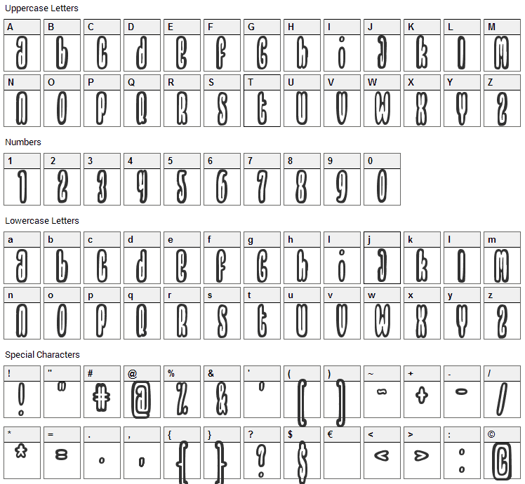 Thrownup Font Character Map