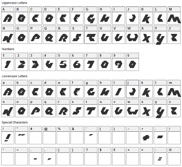 Thrust Font Character Map