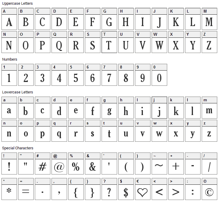 Thyssen J Font Character Map