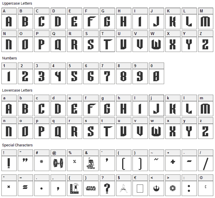 Tie Wing Font Character Map