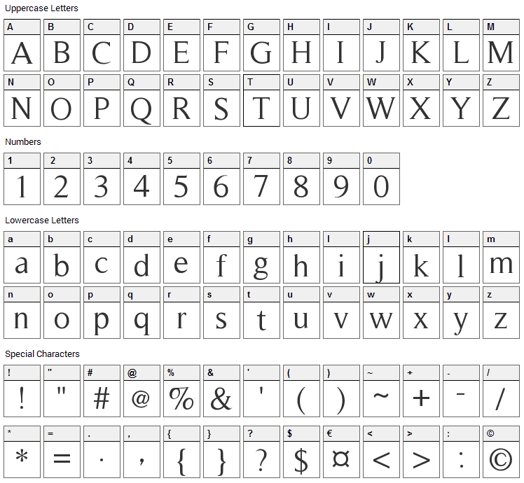 Timeless Font Character Map