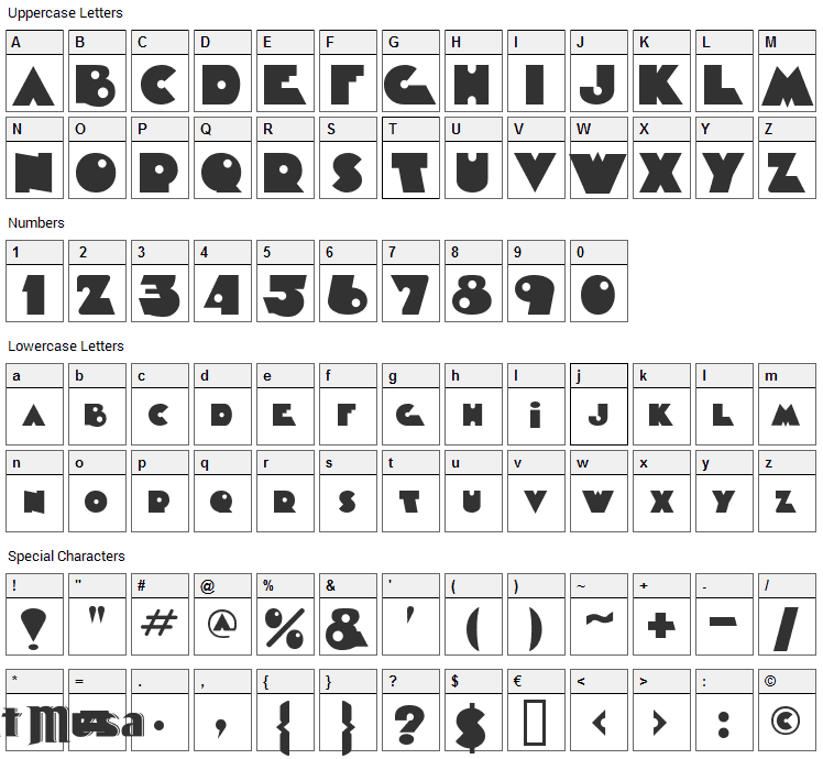 Timepiece Font Character Map