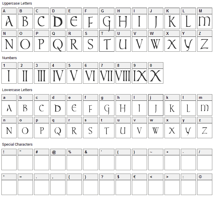 Times New Vespasian Font Character Map