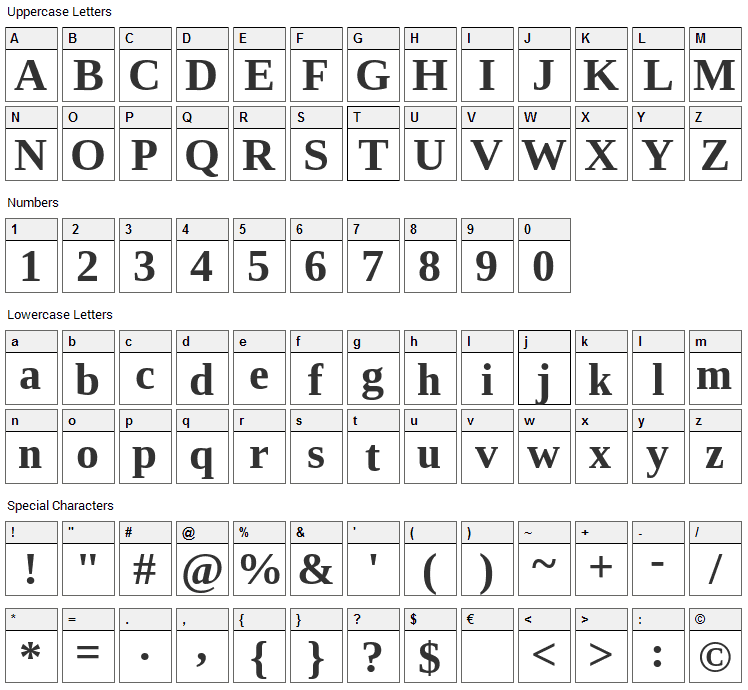 Tinos Font Character Map