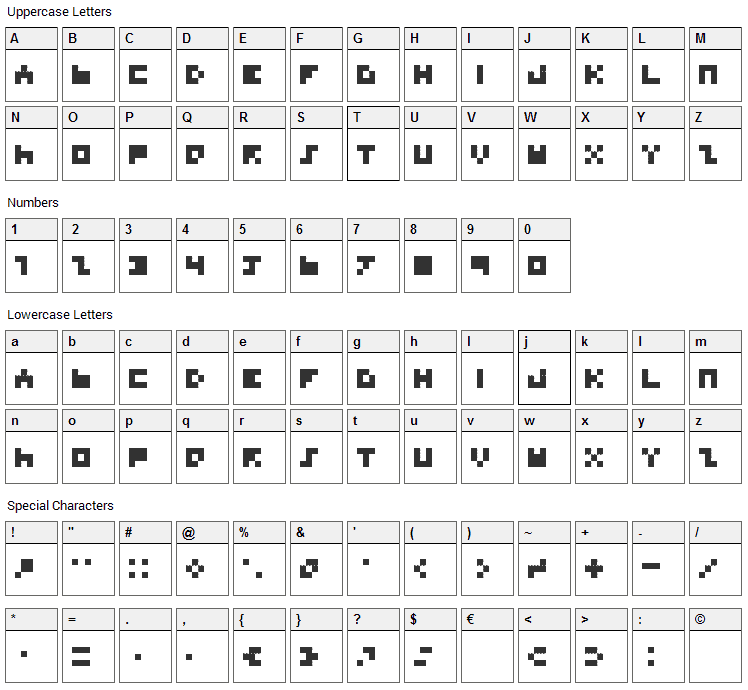 Tinyfont Font Character Map