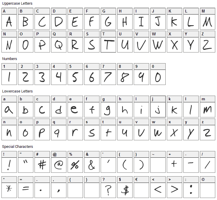 Tioem Handwritten Font Character Map